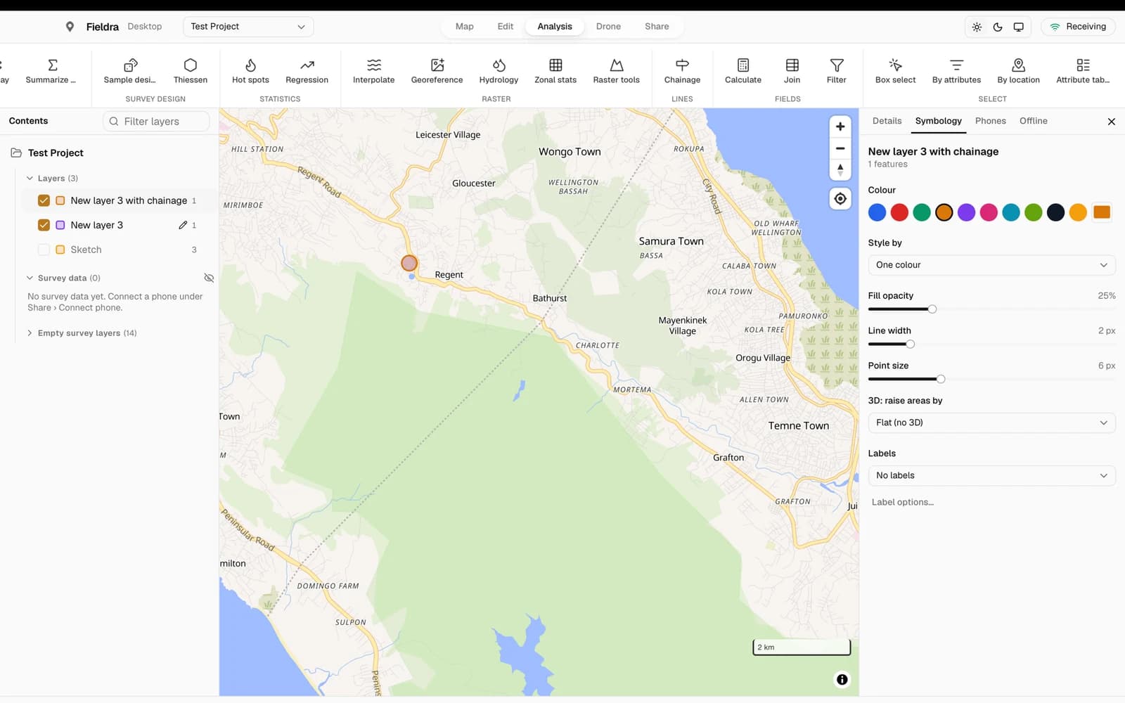Fieldra Desktop on macOS showing map layers, analysis tools and layer styling.