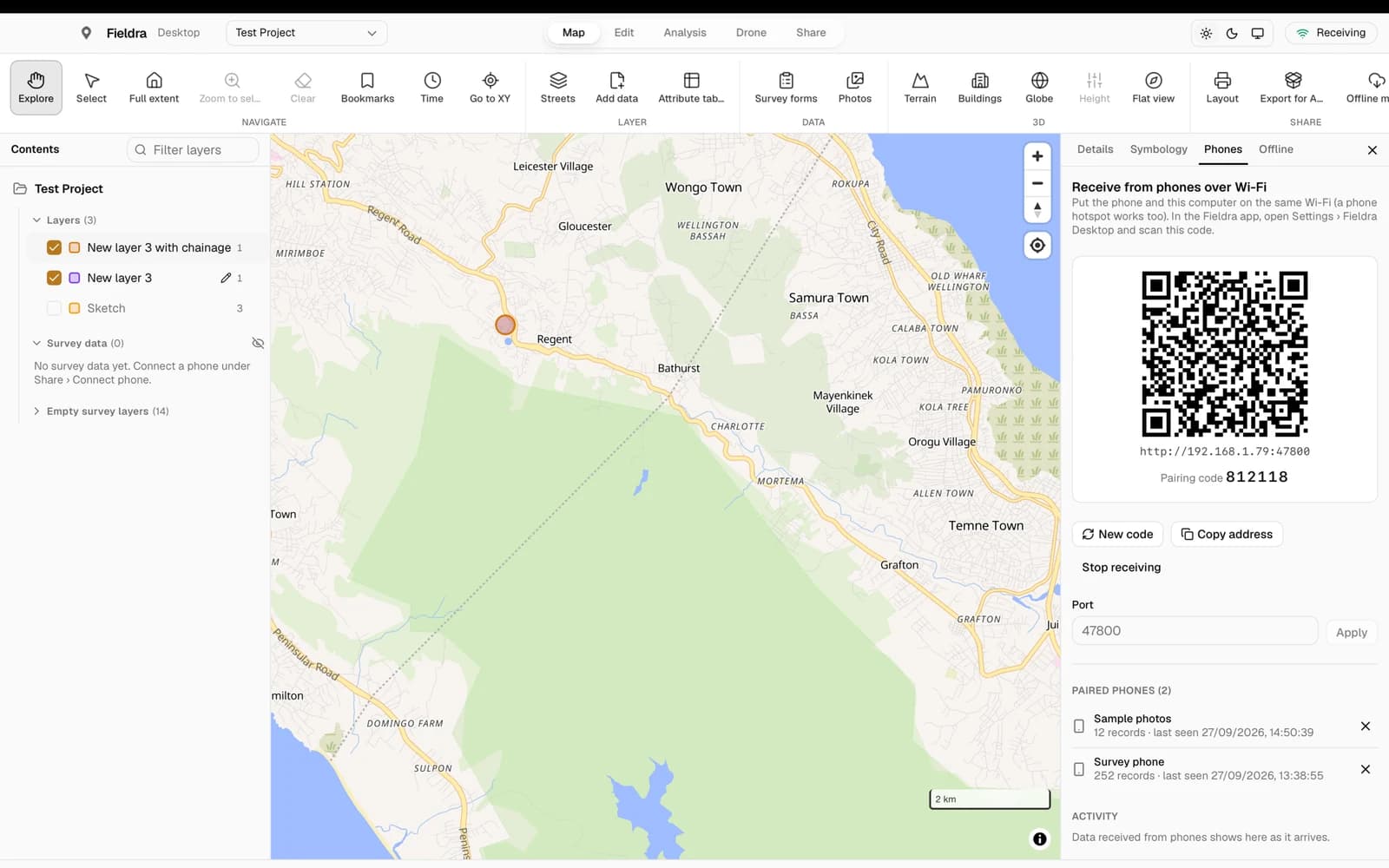 Fieldra Desktop on macOS displaying the phone connection panel beside the project map.