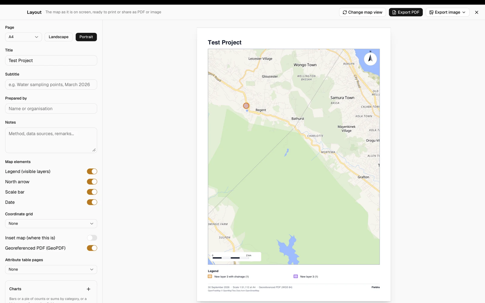 Fieldra Desktop on macOS showing a printable map layout and PDF export controls.