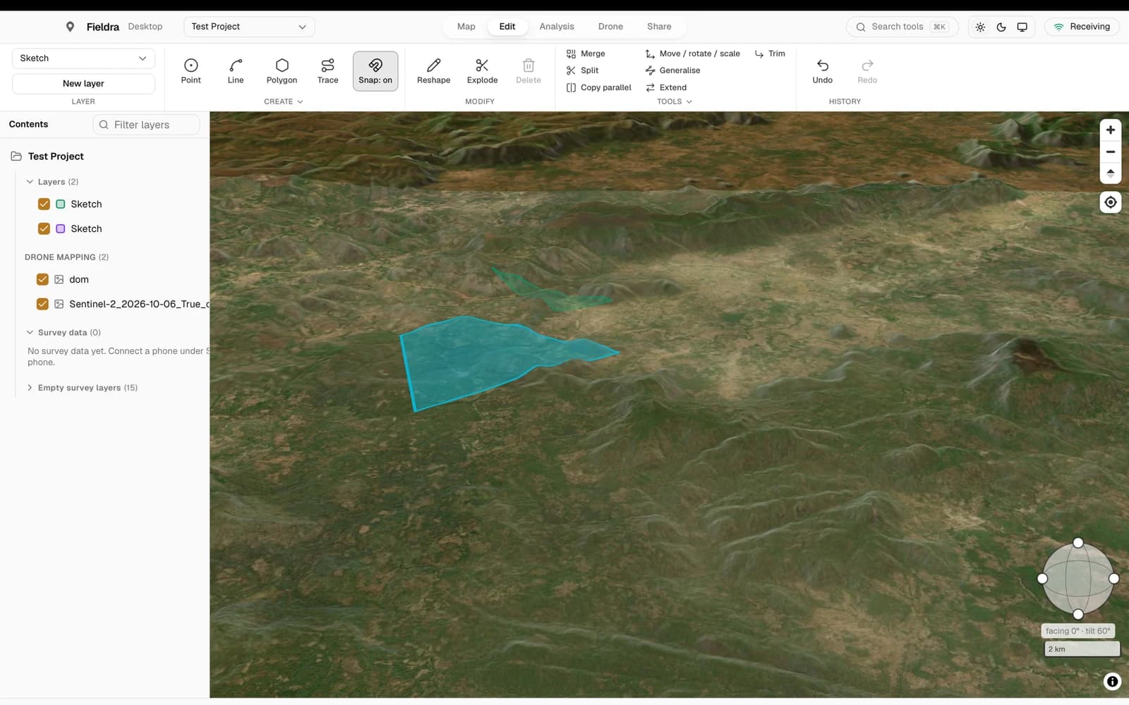 Fieldra Desktop on macOS displaying its terrain and map workspace.