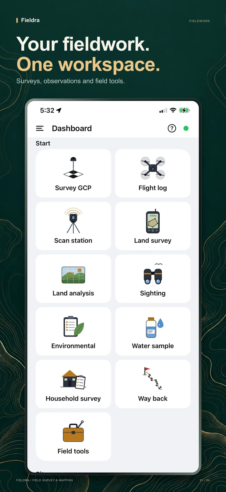 Fieldra dashboard with shortcuts to ground control, flight logs, environmental observations and surveys.