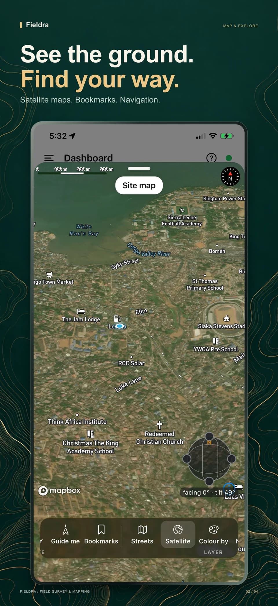 Satellite map with bookmarks, navigation and map layers in Fieldra on iPhone.