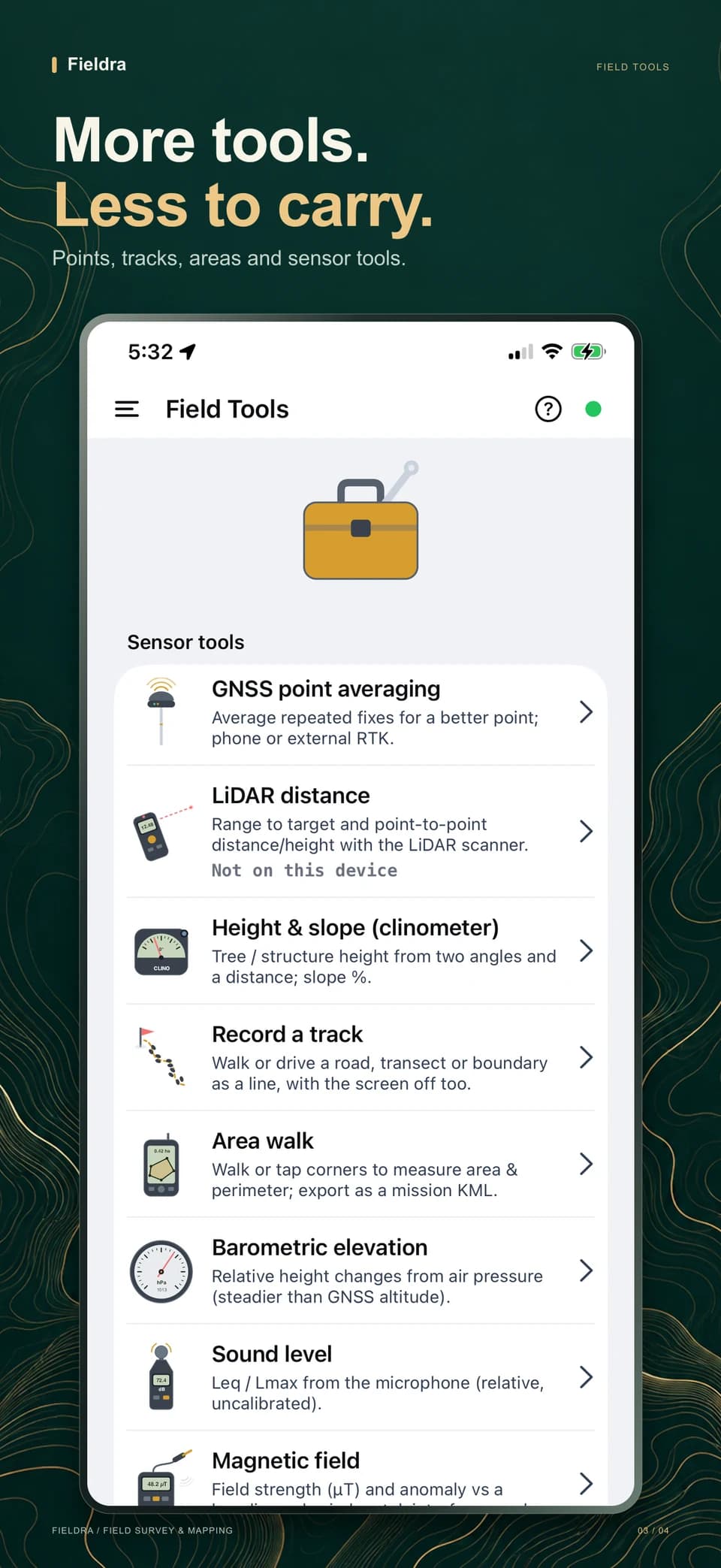 Fieldra tools for GNSS averaging, measuring height, recording tracks and walking an area.