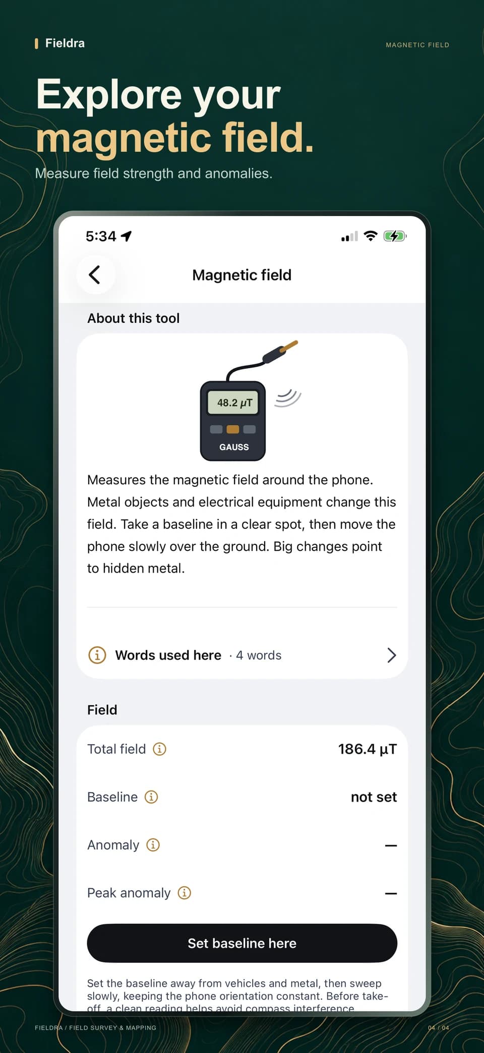 Fieldra magnetic field tool showing field strength and controls to set an anomaly baseline.